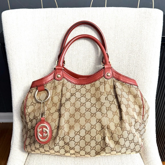 Gucci Handbags - Gucci authentic Sukey bag brown monogram canvas with brick red leather handles